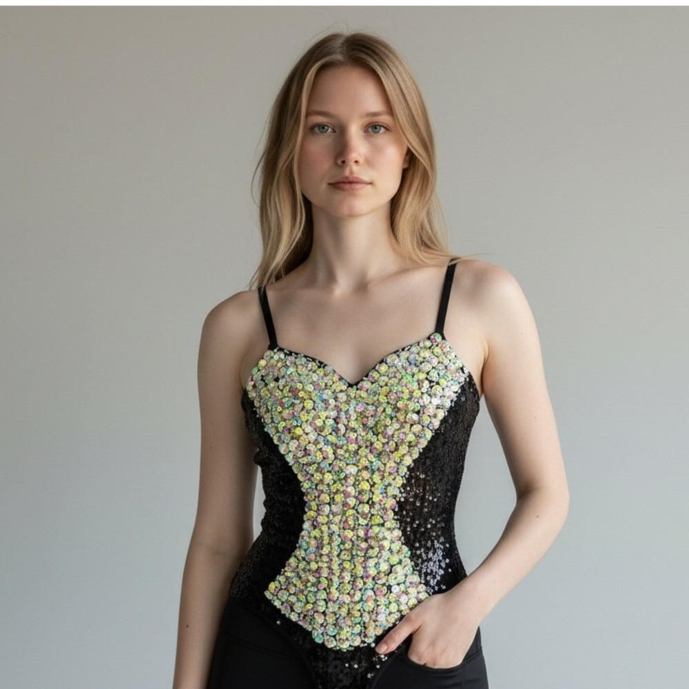 Vintage Bejeweled Sequin AB Rhinestones Bodysuit Showgirl Costume Taylor Swift